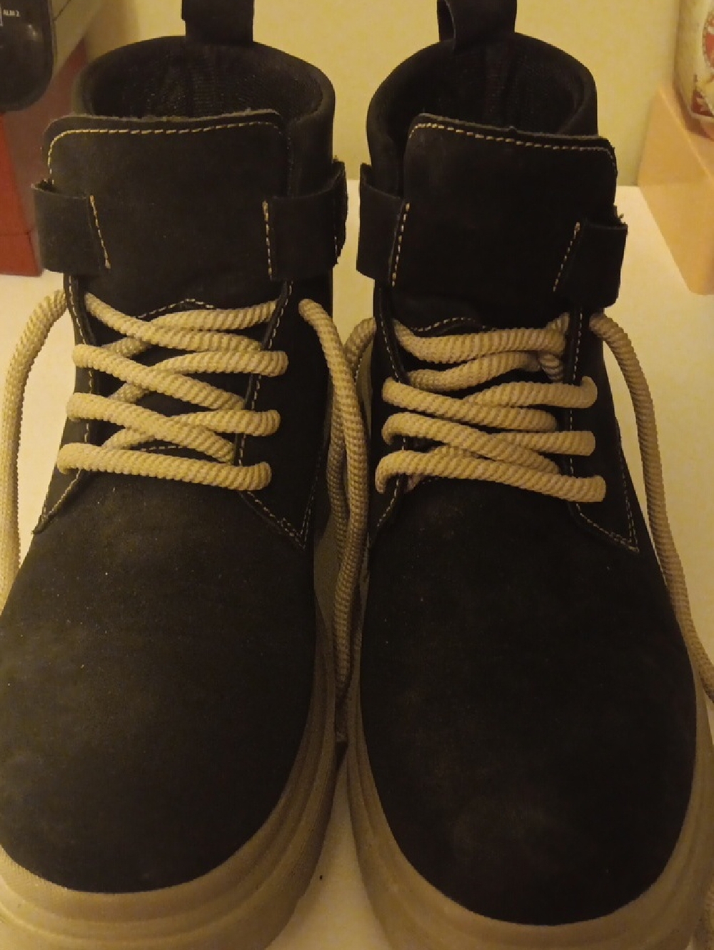 Womens Black Suede High-Top Casual Boots with Cream Laces